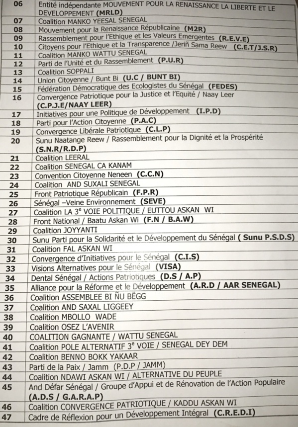 Voici la liste des partis et coalitions de partis retenus pour les élections législatives du 30 Juillet 2017