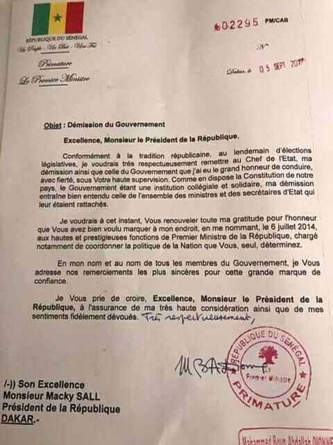 OFFICIEL : La lettre de démission du Gouvernement de Boun Abdallah Dionne (DOCUMENT)