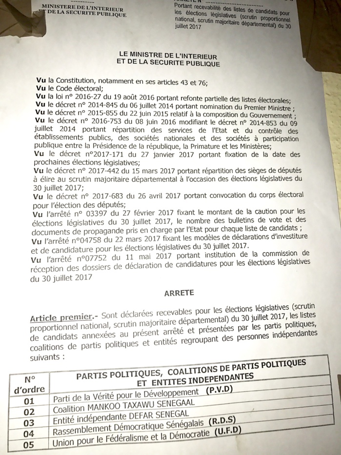 Voici la liste des partis et coalitions de partis retenus pour les élections législatives du 30 Juillet 2017