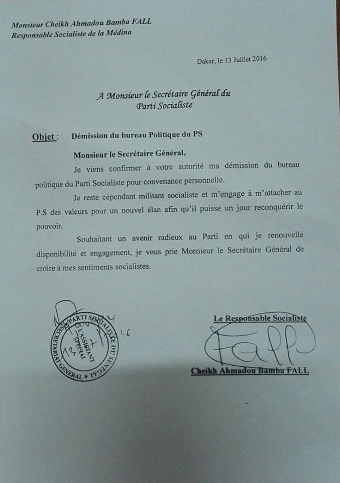 Voici la lettre de démission de Bamba Fall du Bureau politique du Ps